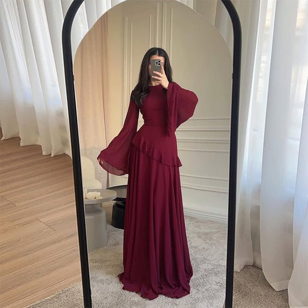 Chiffon Ruffle Gown with Tie - Back | Bell Sleeve Tiered Maxi Dress(MS227) - Mariam's Collection