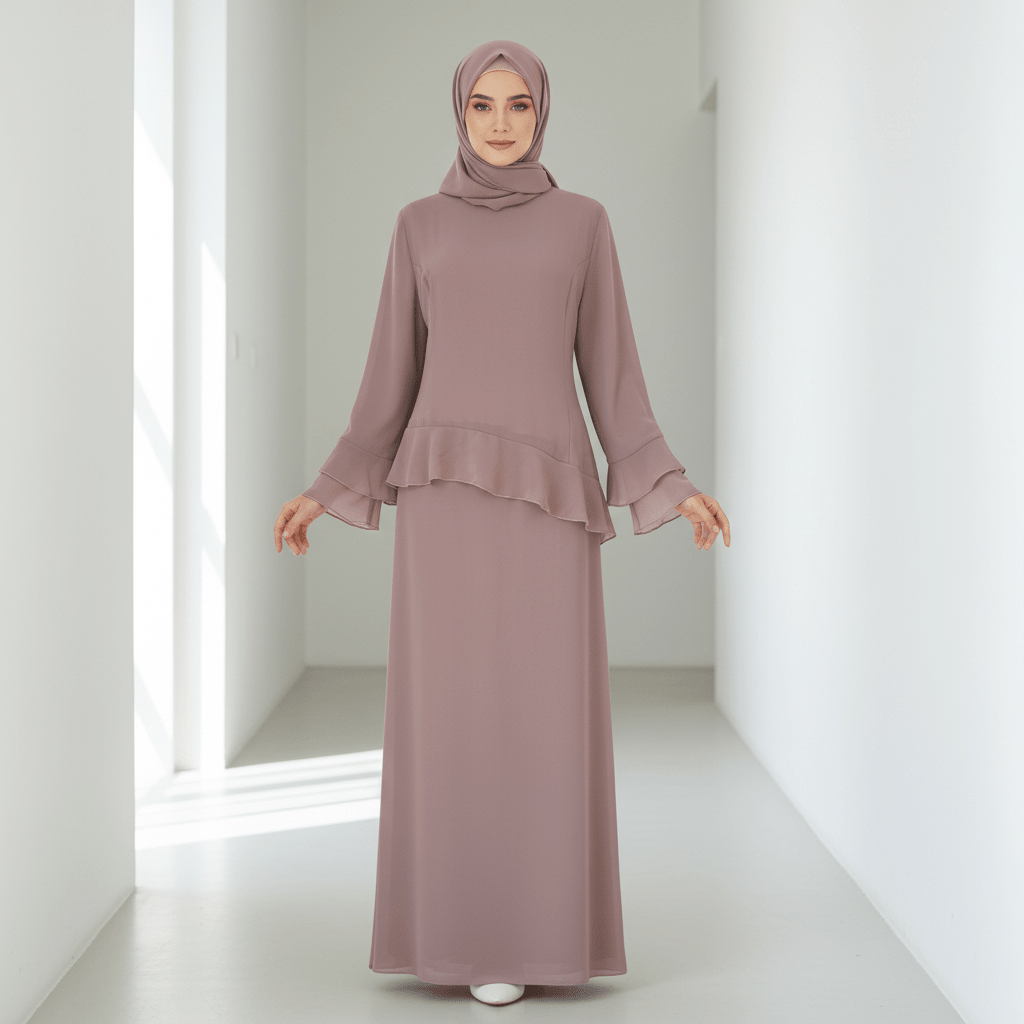 Chiffon Ruffle Gown with Tie - Back | Bell Sleeve Tiered Maxi Dress(MS227) - Mariam's Collection