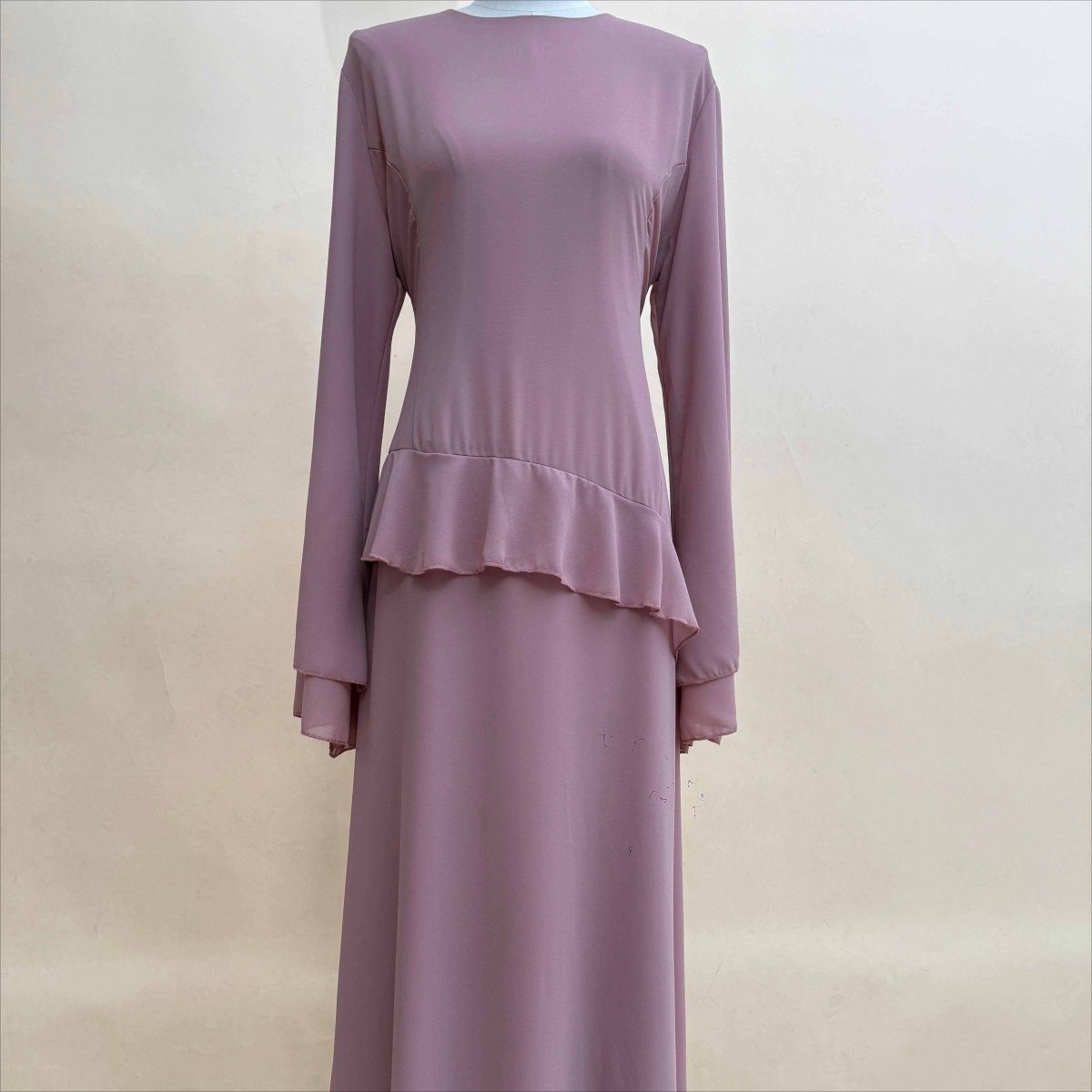 Chiffon Ruffle Gown with Tie - Back | Bell Sleeve Tiered Maxi Dress(MS227) - Mariam's Collection