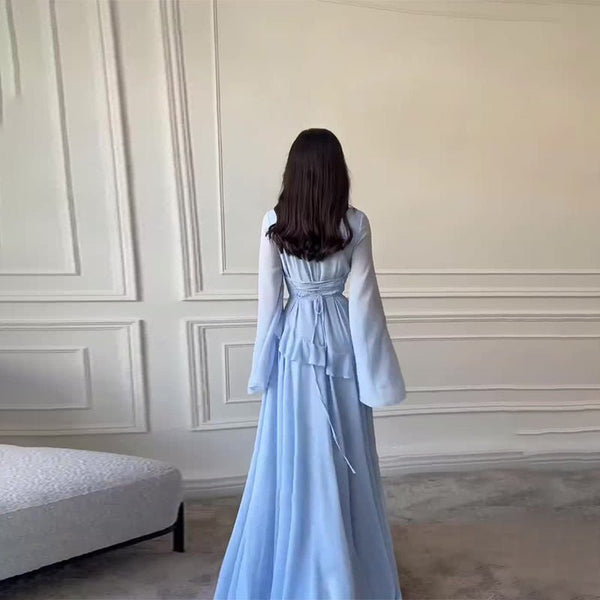 Chiffon Ruffle Gown with Tie - Back | Bell Sleeve Tiered Maxi Dress(MS227) - Mariam's Collection
