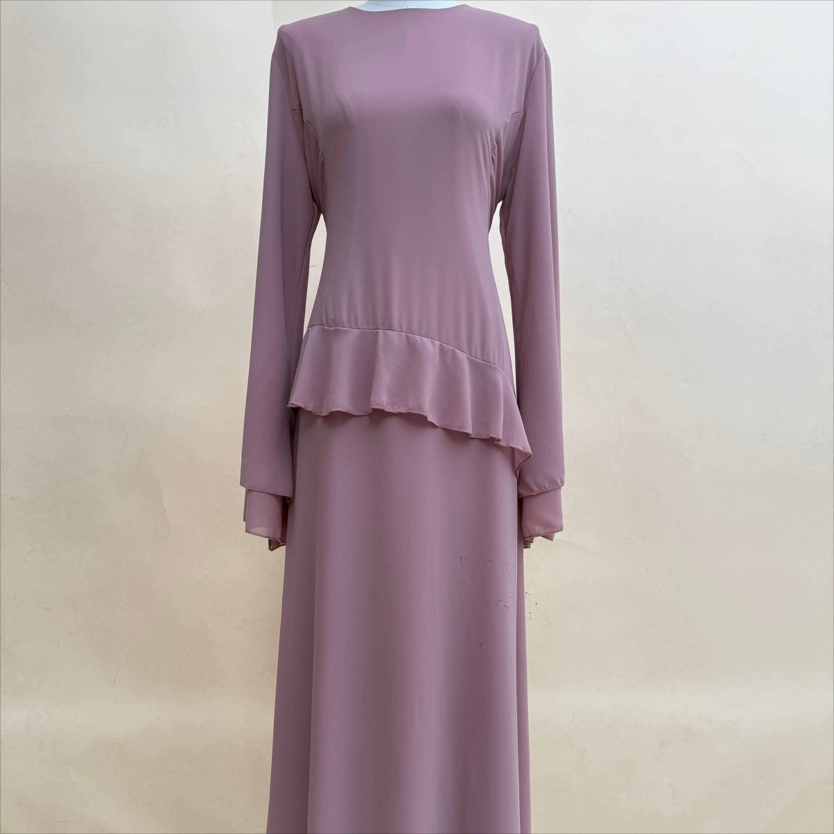 Chiffon Ruffle Gown with Tie - Back | Bell Sleeve Tiered Maxi Dress(MS227) - Mariam's Collection