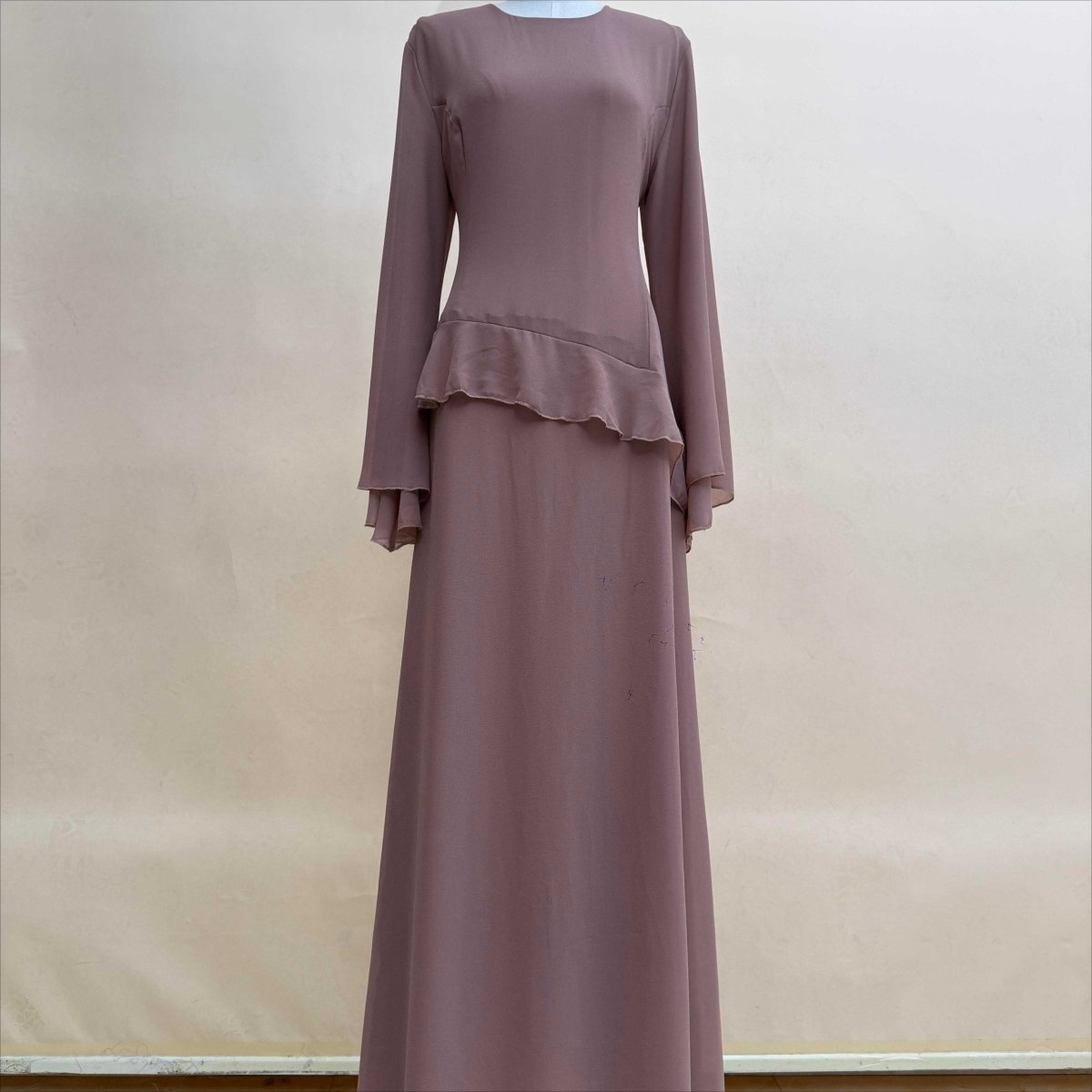 Chiffon Ruffle Gown with Tie - Back | Bell Sleeve Tiered Maxi Dress(MS227) - Mariam's Collection