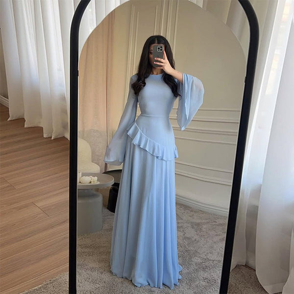 Chiffon Ruffle Gown with Tie - Back | Bell Sleeve Tiered Maxi Dress(MS227) - Mariam's Collection