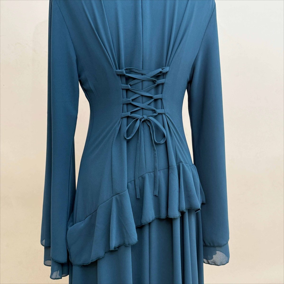 Chiffon Ruffle Gown with Tie - Back | Bell Sleeve Tiered Maxi Dress(MS227) - Mariam's Collection
