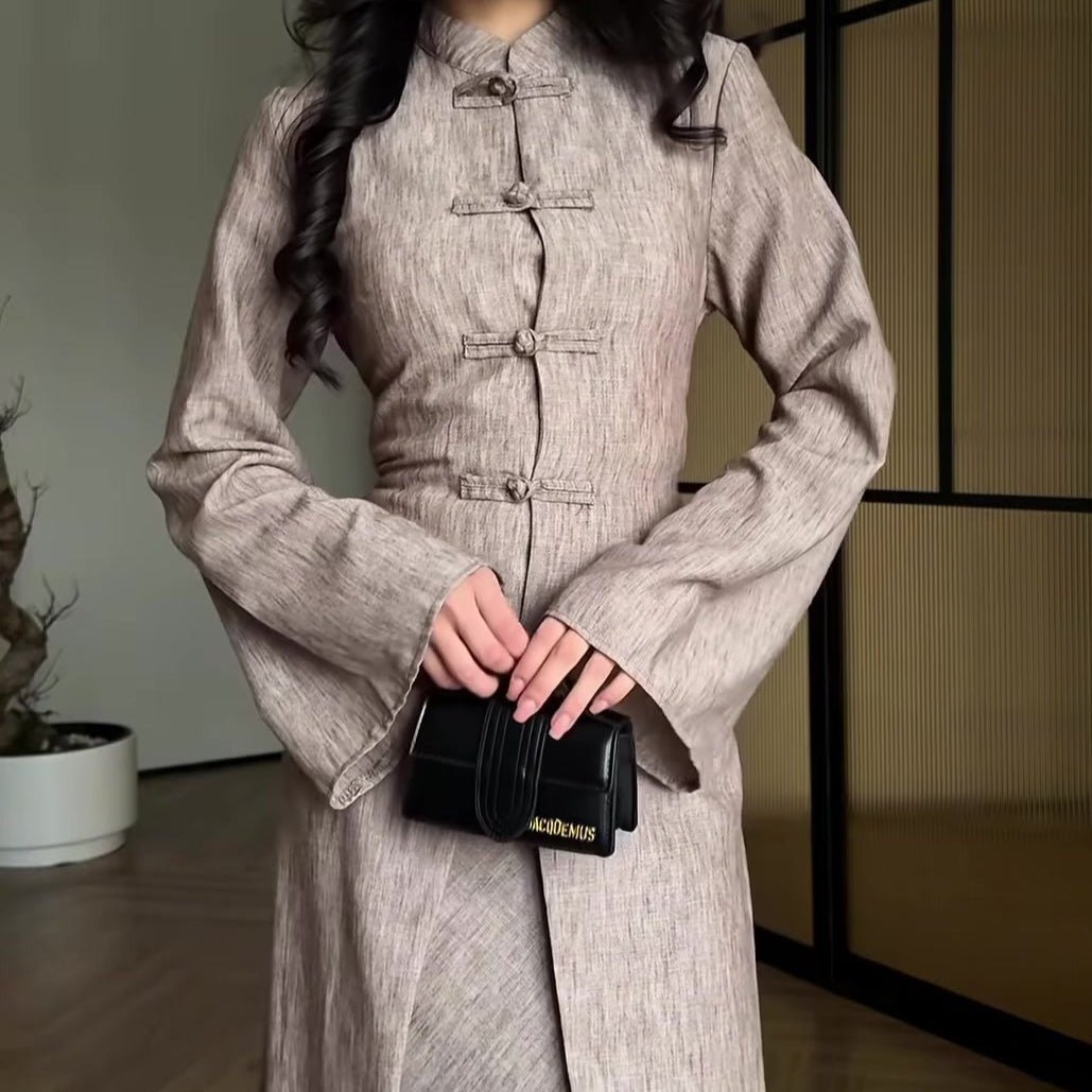 Chinese Frog Button Stand Collar Top & Wide-Leg Maxi Skirt Co-ord Set(MS483) - Mariam's Collection