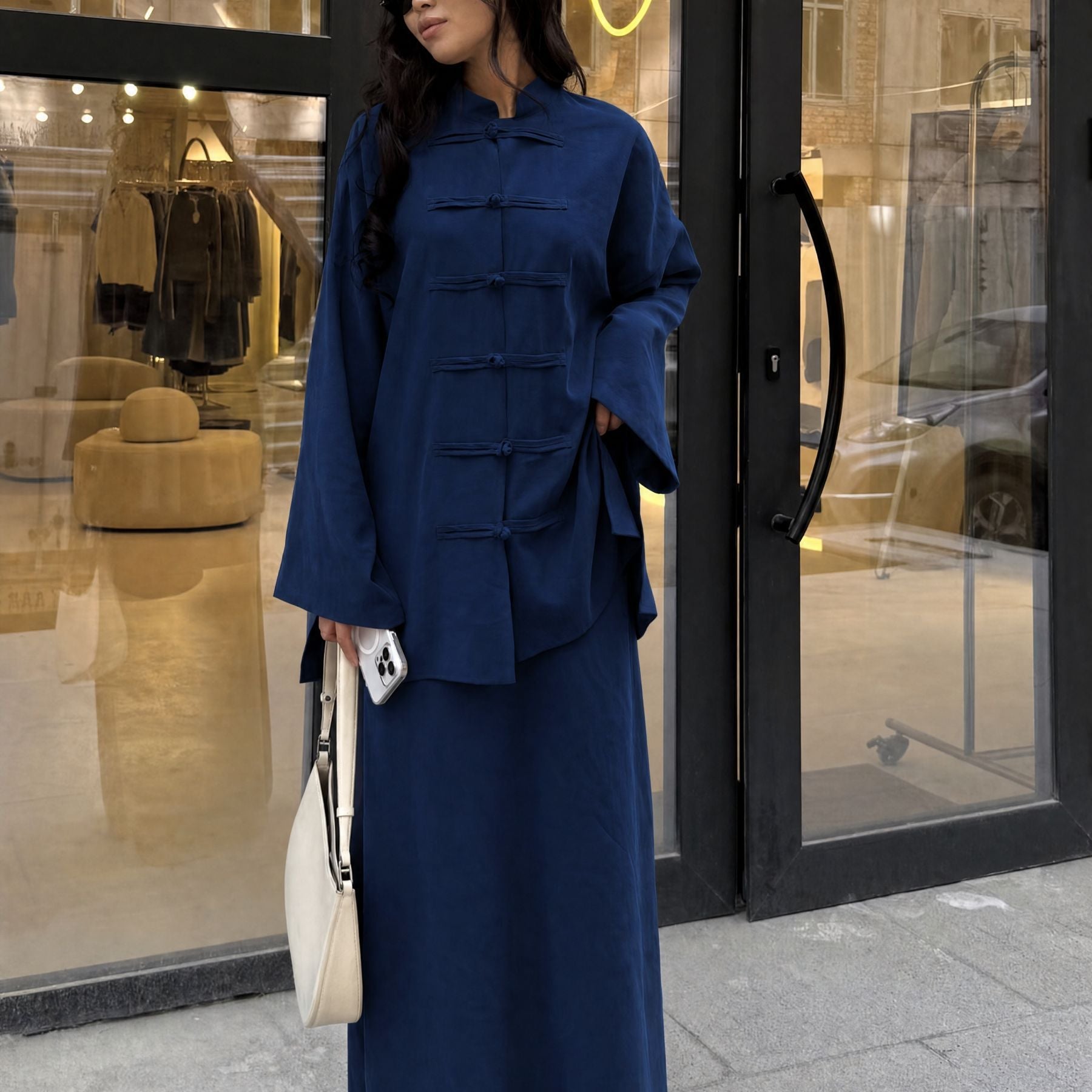Chinese Frog Button Tunic & Lined Maxi Skirt Two-Piece Set(MS514) - Mariam's Collection