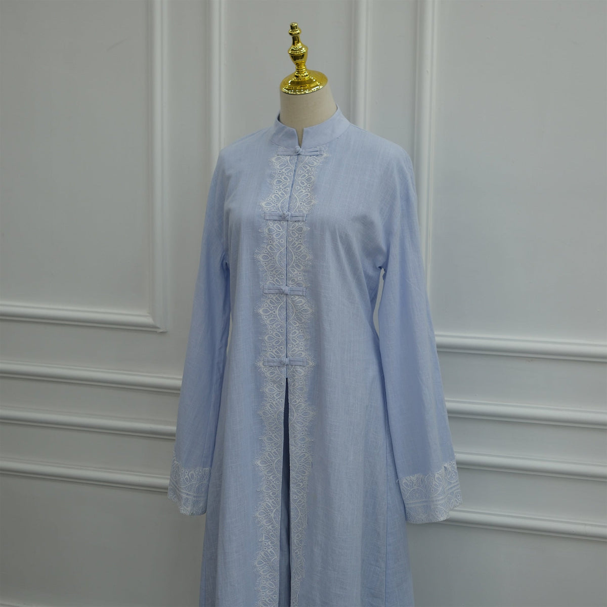 Chinese-Inspired Frog Button Lace Tunic & Wide-Leg Pants Set(MS572) - Mariam's Collection