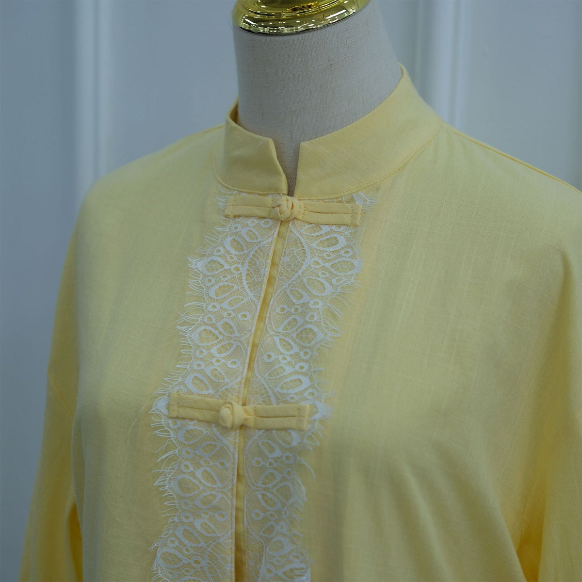 Chinese-Inspired Frog Button Lace Tunic & Wide-Leg Pants Set(MS572) - Mariam's Collection