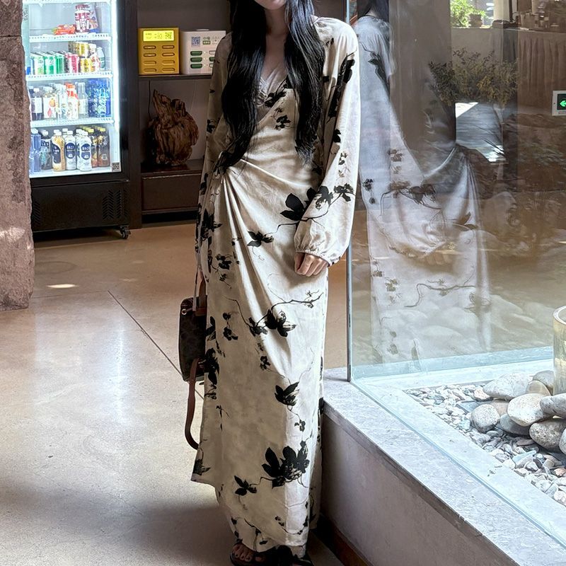 Chinese Style Jacquard & Print Maxi Wrap Dress(MS424) - Mariam's Collection