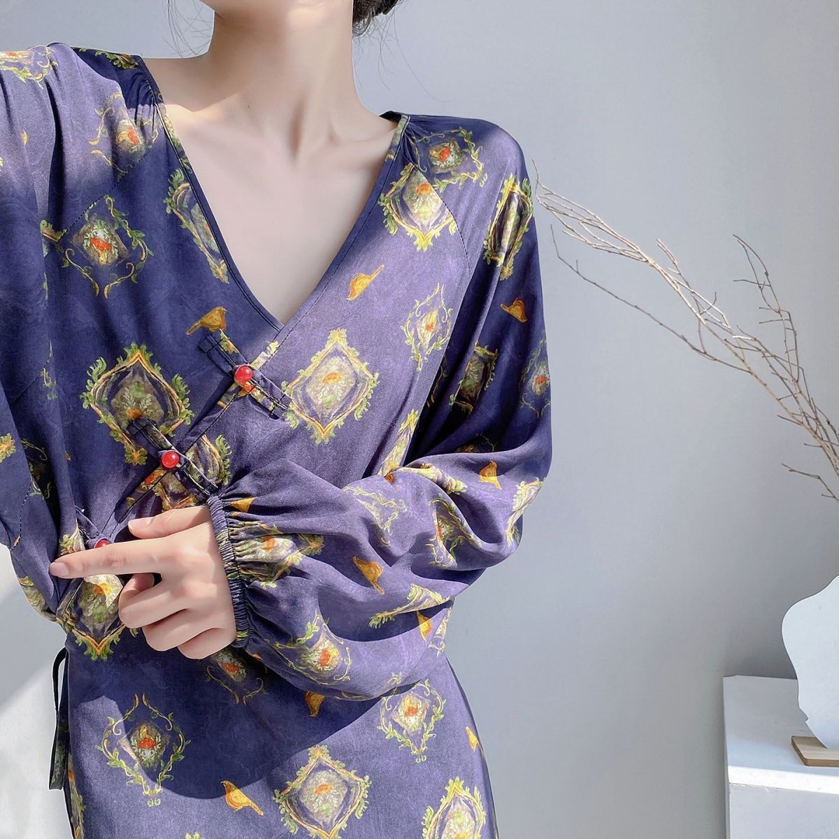 Chinese Style Jacquard & Print Maxi Wrap Dress(MS424) - Mariam's Collection