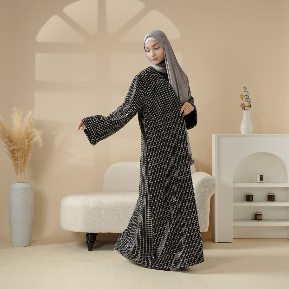 Classic Black White Cocoon Checkered Open Abaya Coat (MOA096) - Mariam's Collection