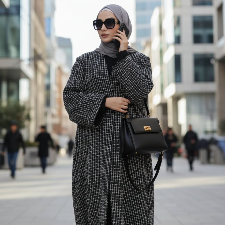 Classic Black White Cocoon Plaid Tweed Open Abaya Coat (MOA096) - Mariam's Collection
