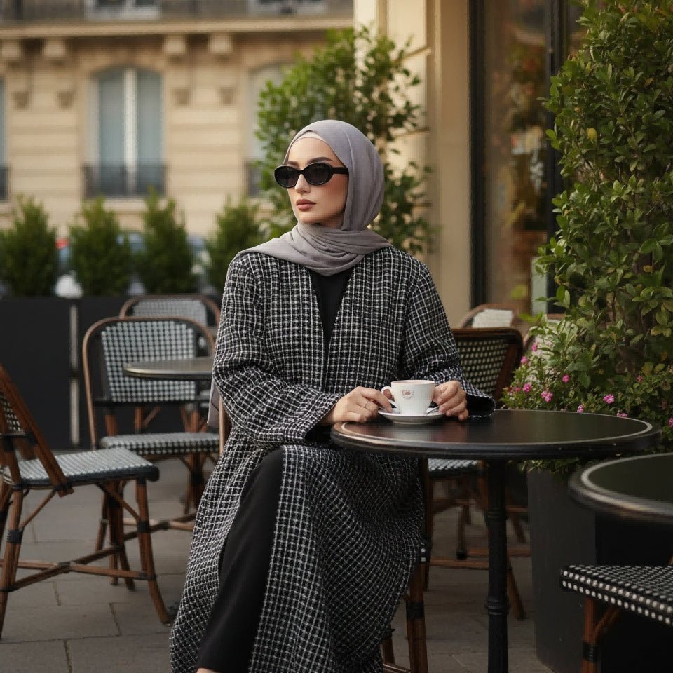 Classic Black White Cocoon Plaid Tweed Open Abaya Coat (MOA096) - Mariam's Collection