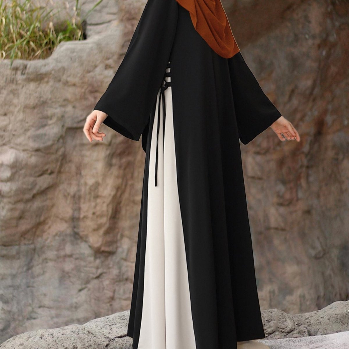 Colorblock Side - Tie Abaya | Two - Tone Round Neck Maxi Dress(MA362) - Mariam's Collection