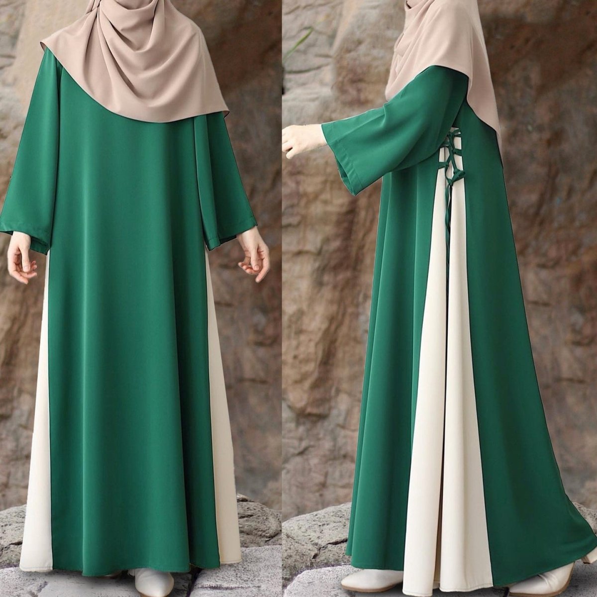 Colorblock Side - Tie Abaya | Two - Tone Round Neck Maxi Dress(MA362) - Mariam's Collection