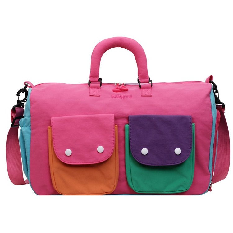 Side profile of colorblock travel duffel bag showing 45cm width
