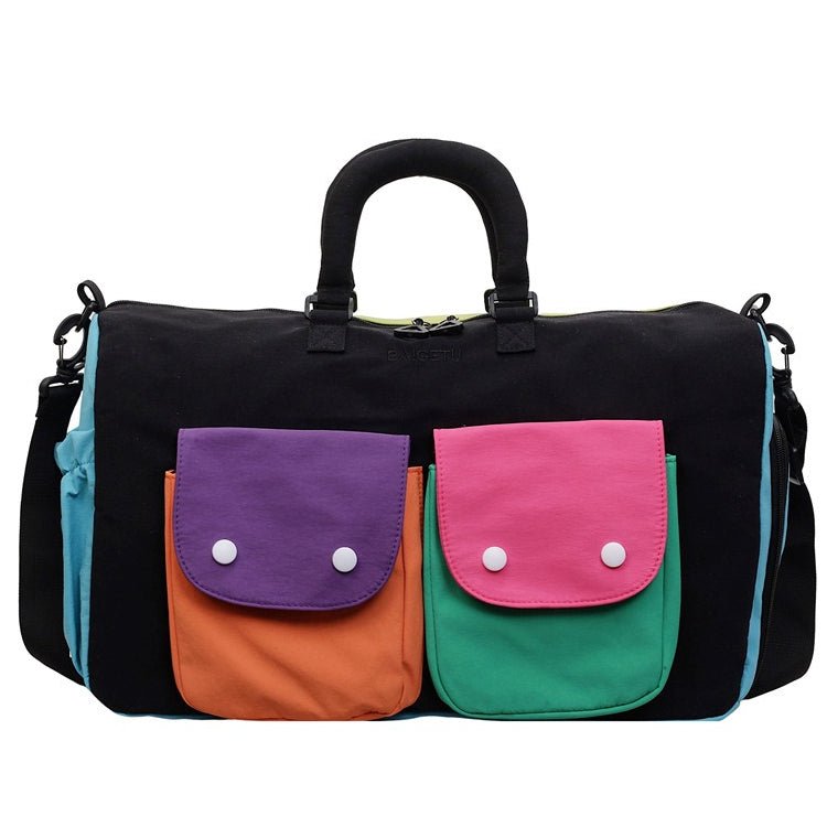 Front view of colorblock duffel bag showing exterior snap-closure pockets
