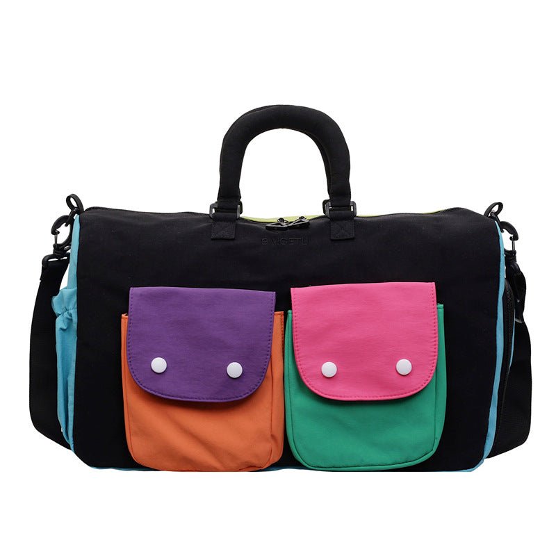Rear view of colorblock weekender bag with smooth zipper