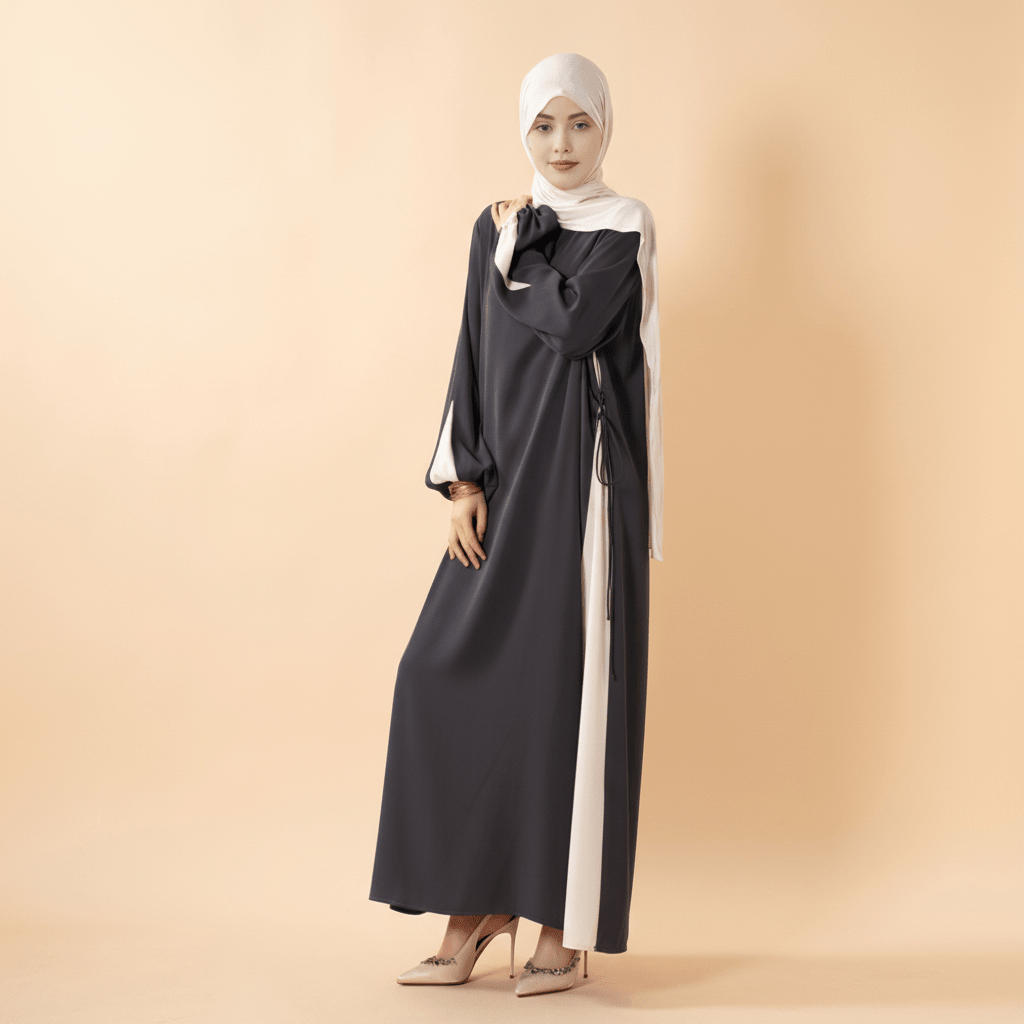 Contrast Panel Abaya with Drawstring Detail & Balloon Sleeves(MA421) - Mariam's Collection