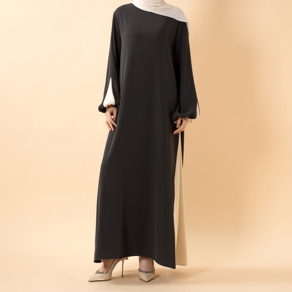 Contrast Panel Abaya with Drawstring Detail & Balloon Sleeves(MA421) - Mariam's Collection
