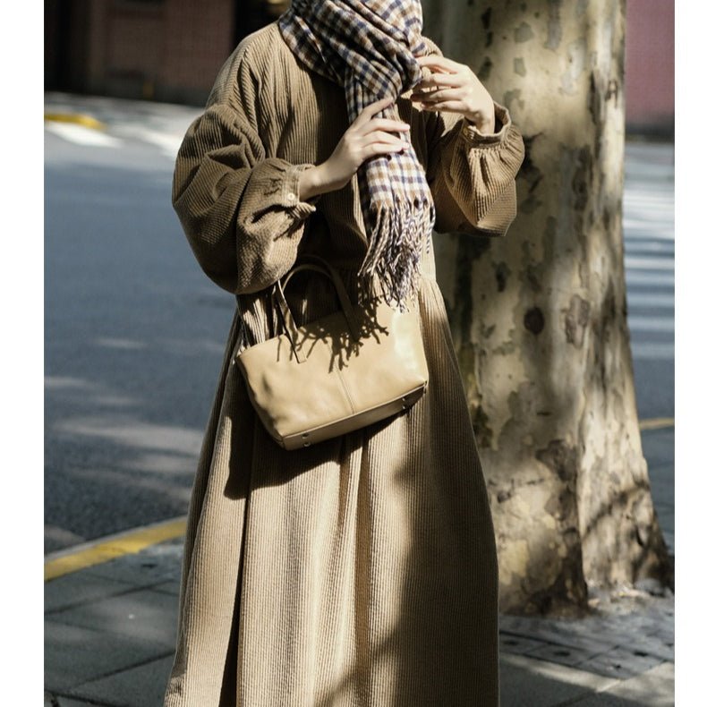 Corduroy Bubble Sleeve Maxi Dress with Pockets(MS205) - Mariam's Collection