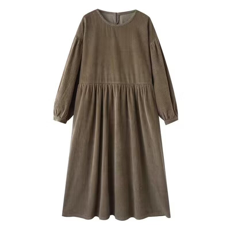 Corduroy Bubble Sleeve Maxi Dress with Pockets(MS205) - Mariam's Collection