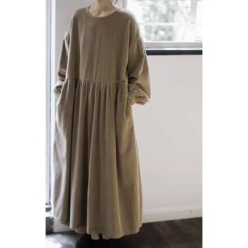 Corduroy Bubble Sleeve Maxi Dress with Pockets(MS205) - Mariam's Collection