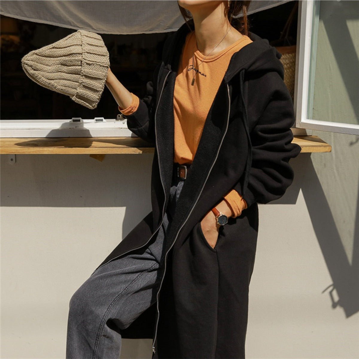 Cotton Fleece Zip Up Hooded Longline Cardigan Coat with Side Slits | Casual Streetwear Jacket(MS109) - Mariam's Collection