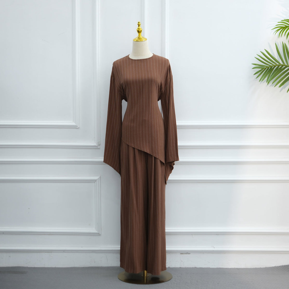 Cotton-Linen-Effect Pinstripe Tunic & Wide-Leg Pants Set(MS594) - Mariam's Collection