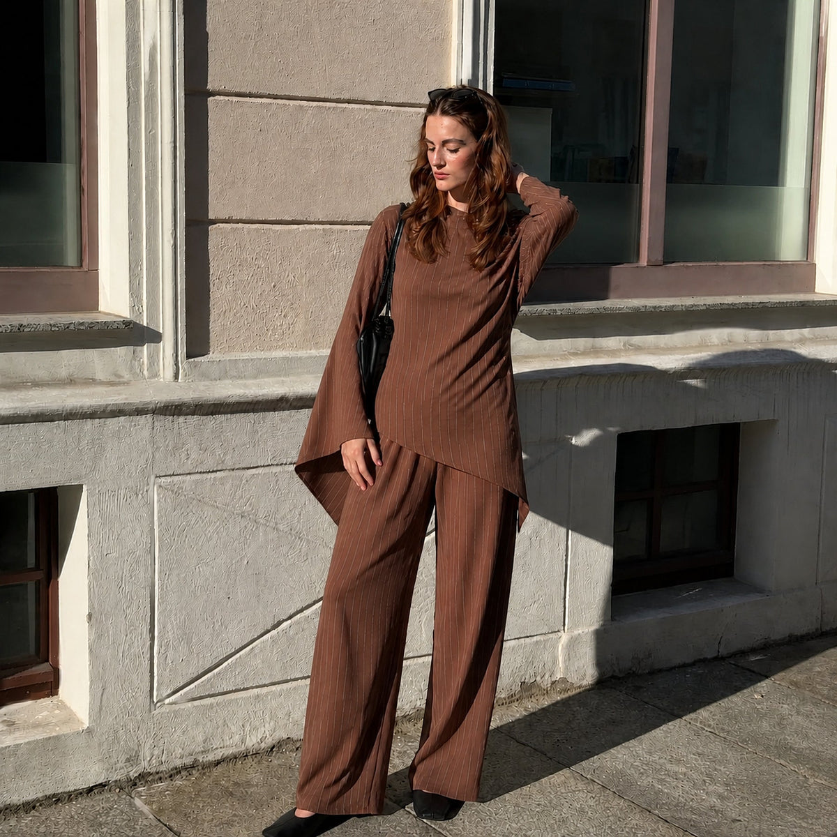 Cotton-Linen-Effect Pinstripe Tunic & Wide-Leg Pants Set(MS594) - Mariam's Collection