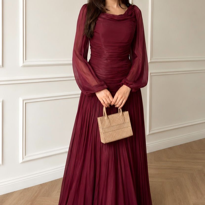 Cowl Neck Lantern Sleeve Pleated Maxi Dress – Ruched Bodice