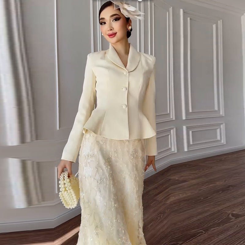 Cream Peplum Jacket & Lace Skirt Set(MS284) - Mariam's Collection
