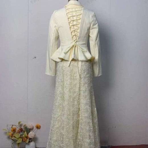 Cream Peplum Jacket & Lace Skirt Set(MS284) - Mariam's Collection