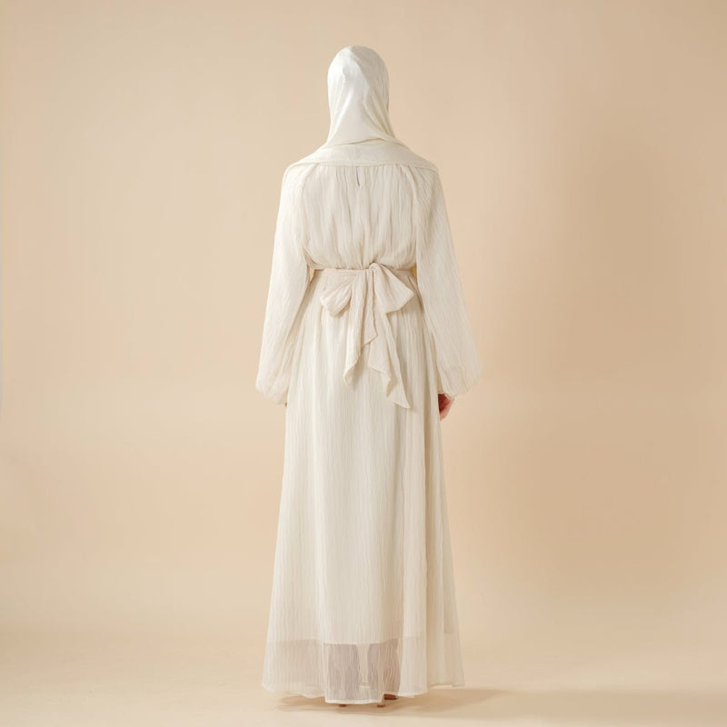 Cream White Puff Sleeves Abaya | Pleat Textured Maxi Dress Abaya (MA152) - Mariam's Collection