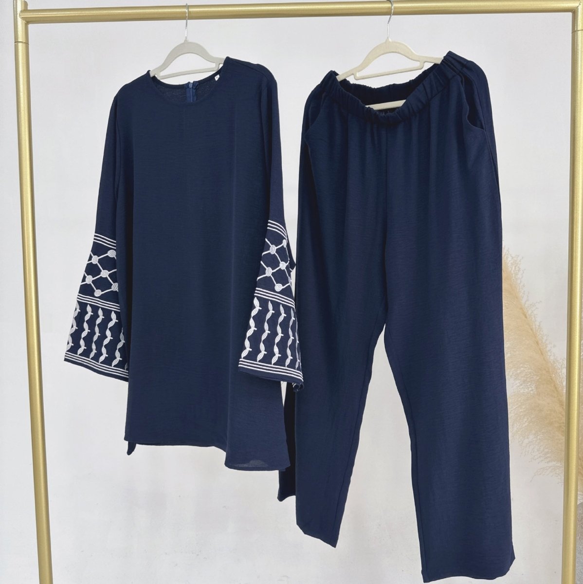 Crepe Embroidered Cuffs Top And Loose Pants 2 - Piece Set (MS076) - Mariam's Collection