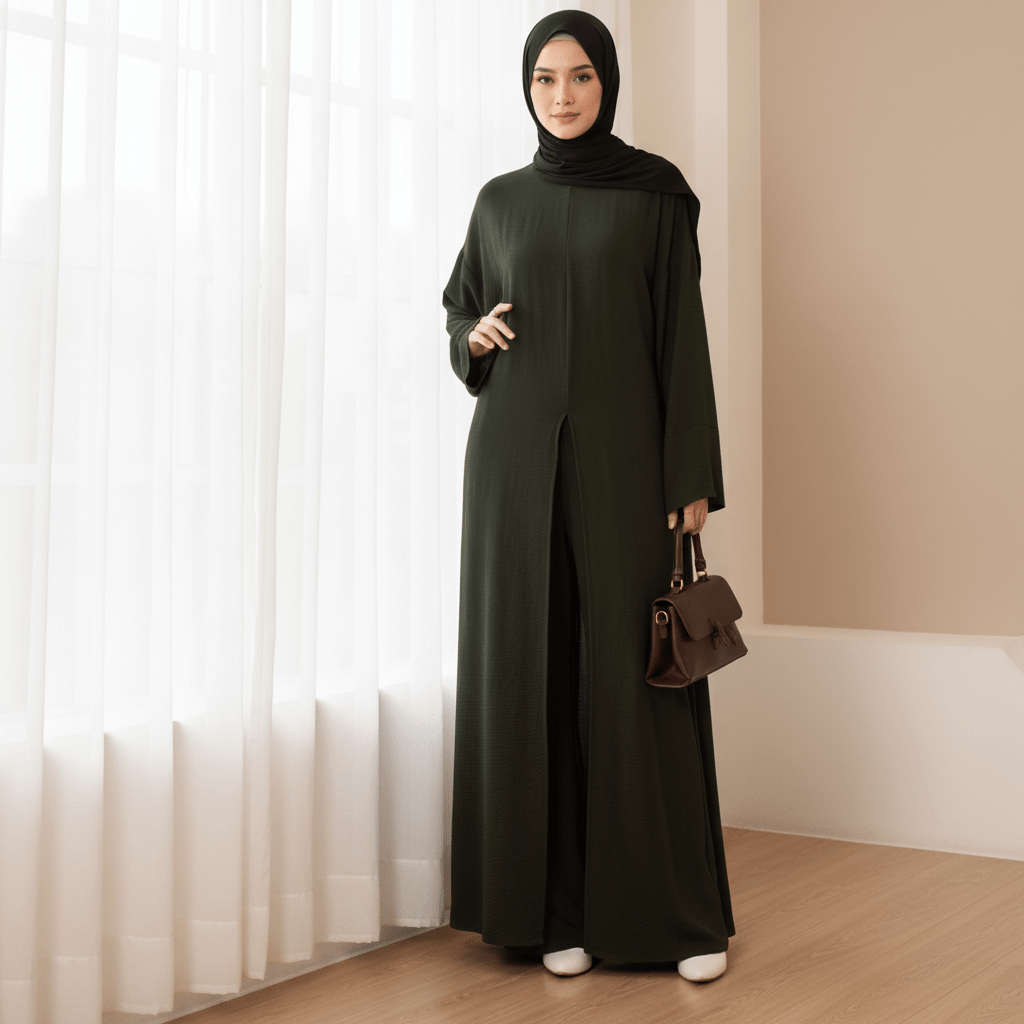 Crepe Multi-Slit Abaya Set | Wide-Leg Pants with Pockets (MA436) - Mariam's Collection