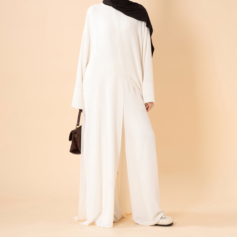 Crepe Multi-Slit Abaya Set | Wide-Leg Pants with Pockets (MA436) - Mariam's Collection