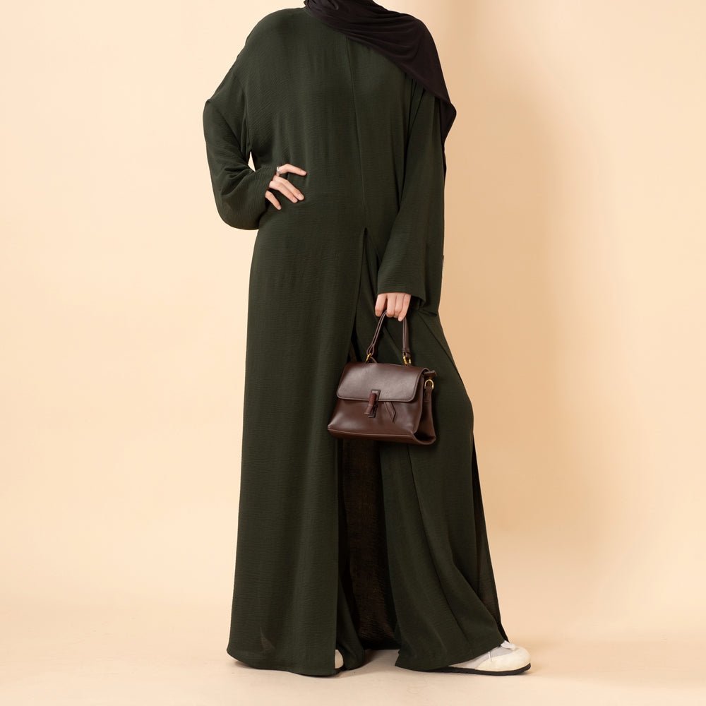 Crepe Multi-Slit Abaya Set | Wide-Leg Pants with Pockets (MA436) - Mariam's Collection