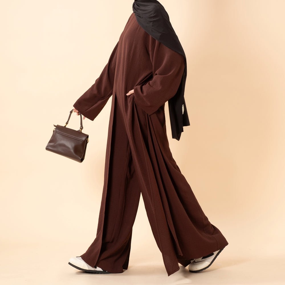 Crepe Multi-Slit Abaya Set | Wide-Leg Pants with Pockets (MA436) - Mariam's Collection