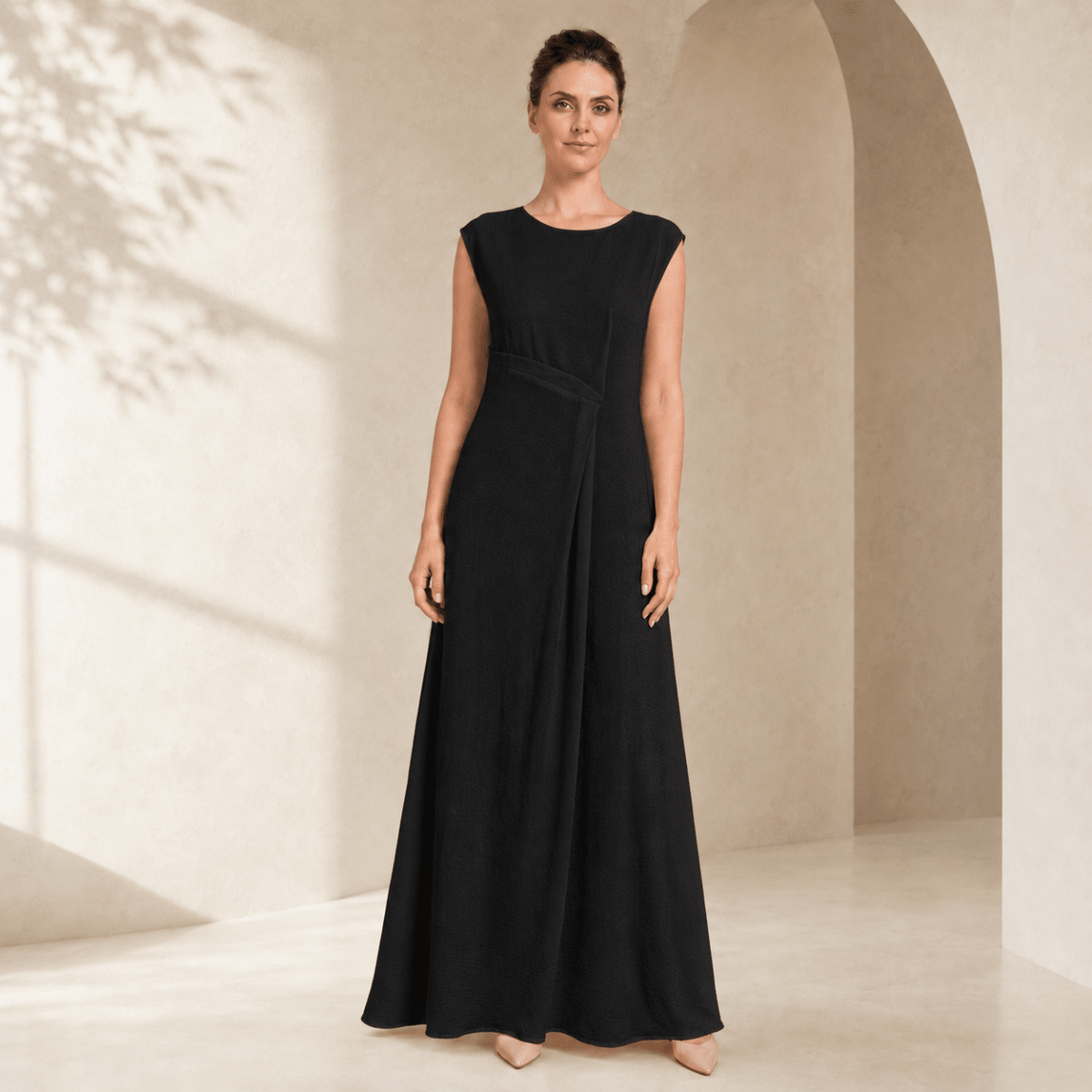 Crepe Sleeveless Maxi Dress with Waist Pleat & Back Zip(MS436) - Mariam's Collection