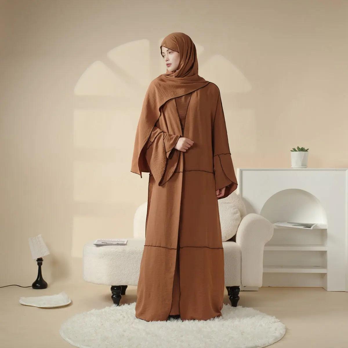 Crepe Splicing Open Abaya with Hijab 4 - piece Set (MOA030) - Mariam's Collection