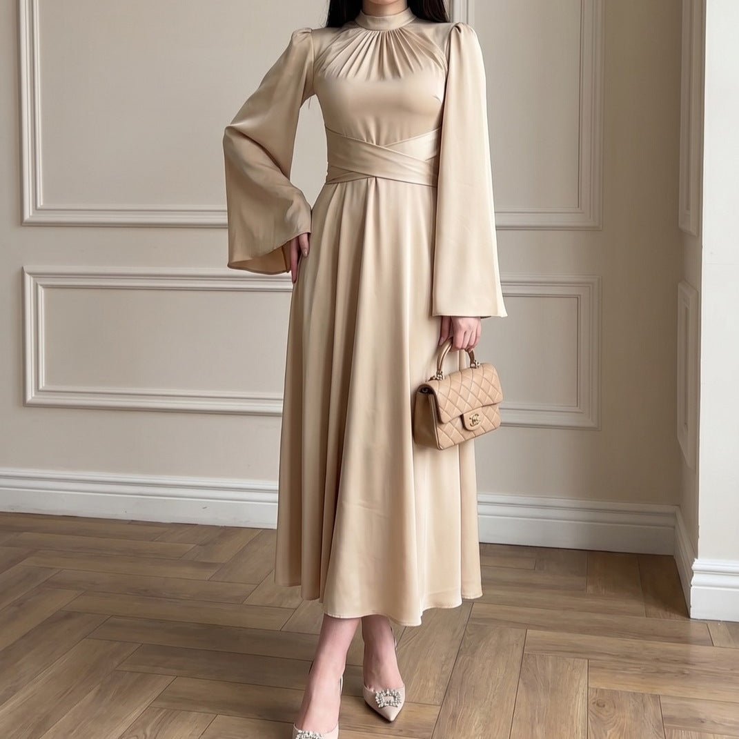 Cross-Wrap Ruched Neck Satin Maxi Dress(MS445) - Mariam's Collection