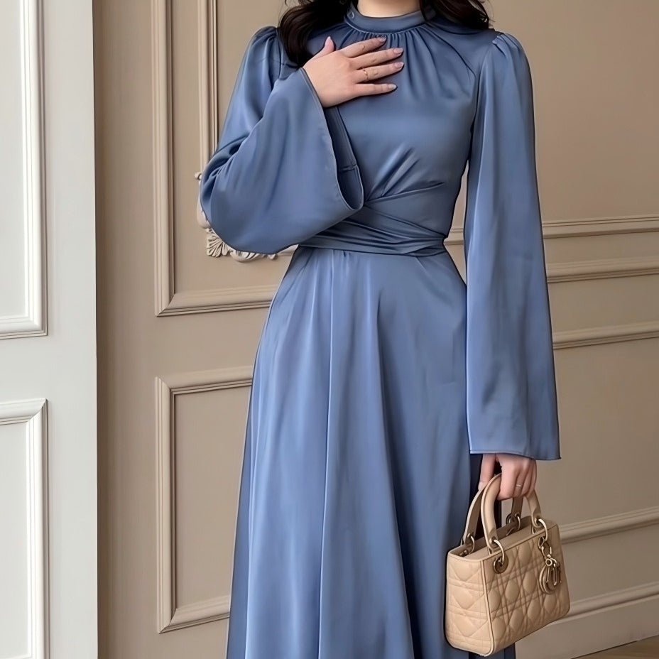 Cross-Wrap Ruched Neck Satin Maxi Dress(MS445) - Mariam's Collection