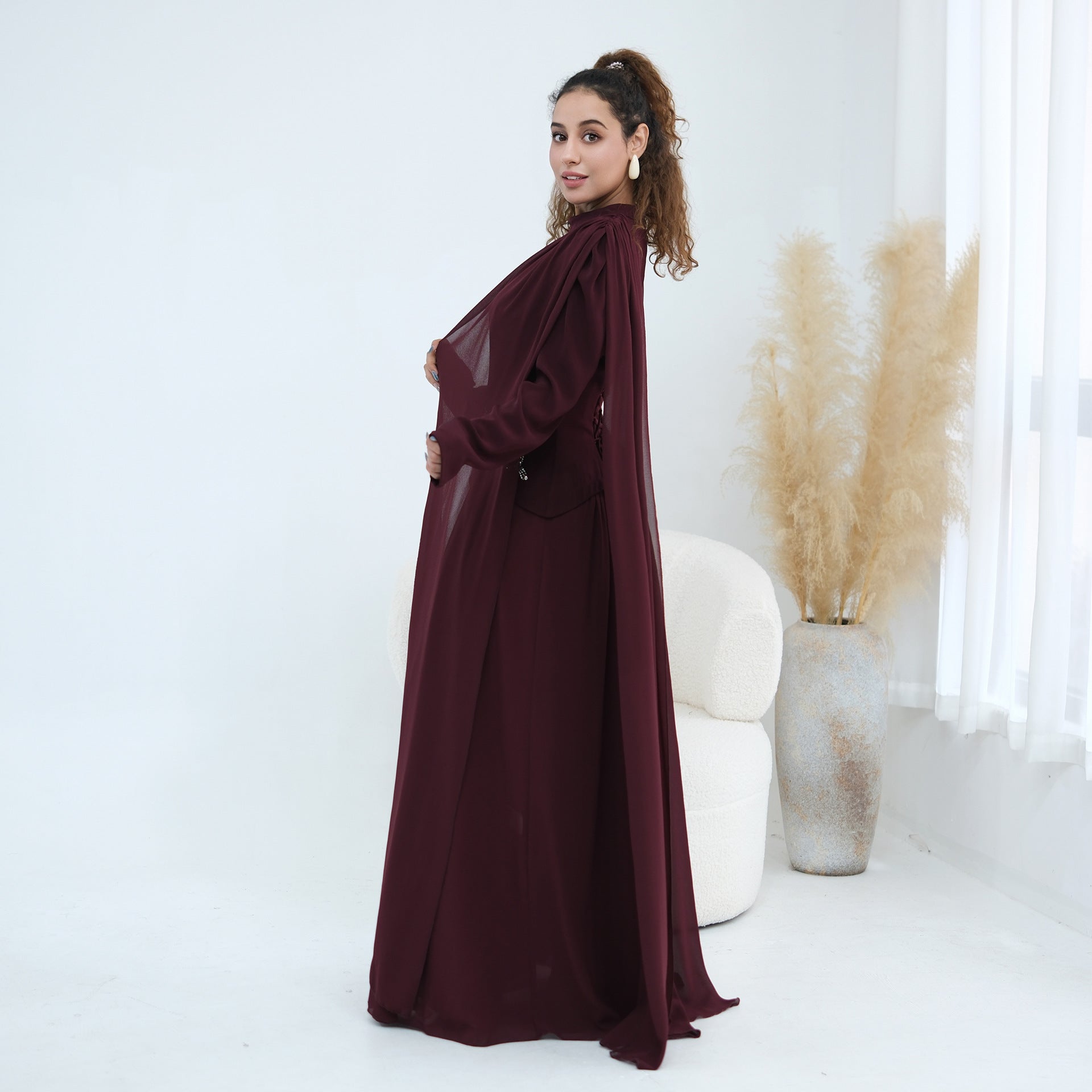 Crystal Beaded Waist Cape Sleeve Maxi Dress(MS499) - Mariam's Collection