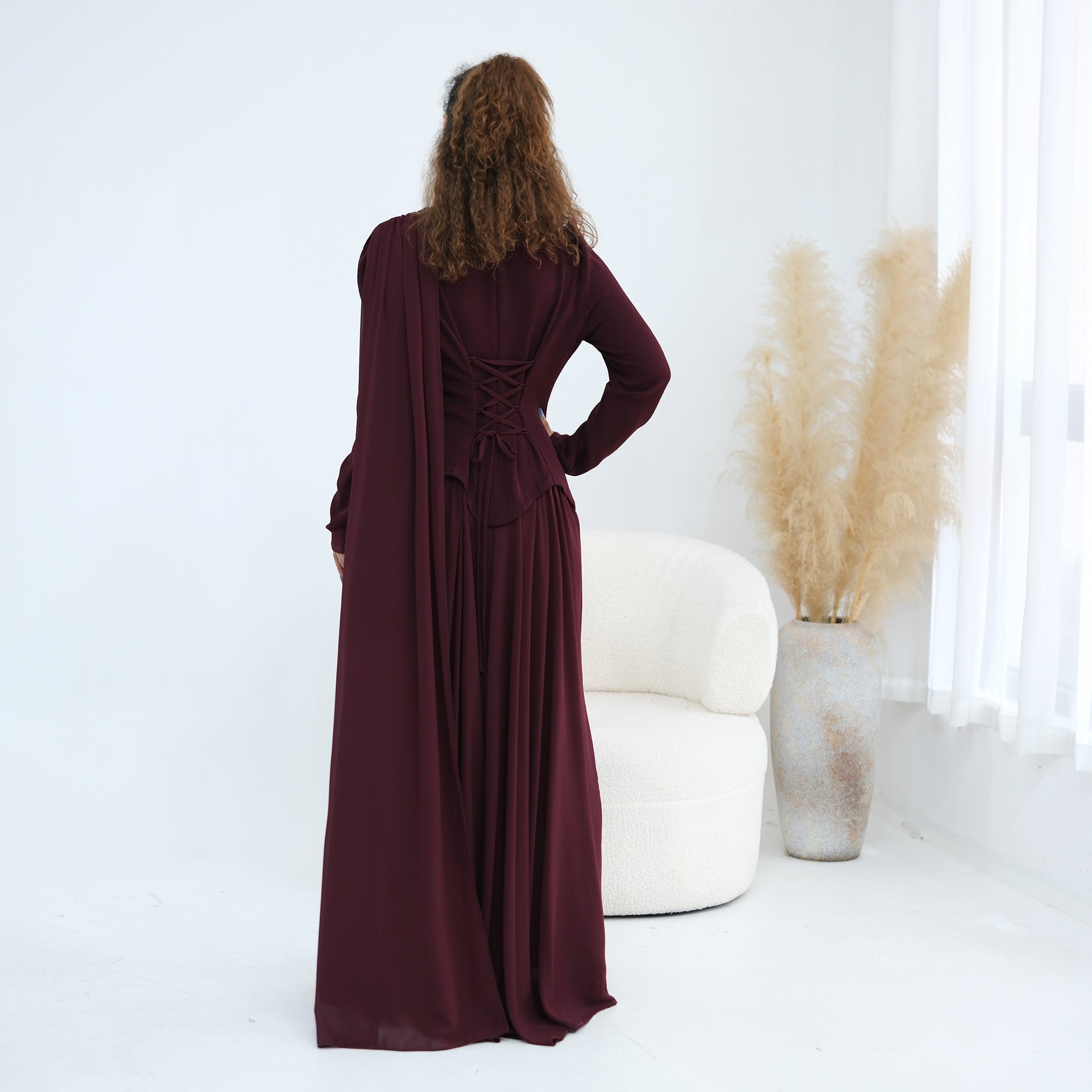 Crystal Beaded Waist Cape Sleeve Maxi Dress(MS499) - Mariam's Collection