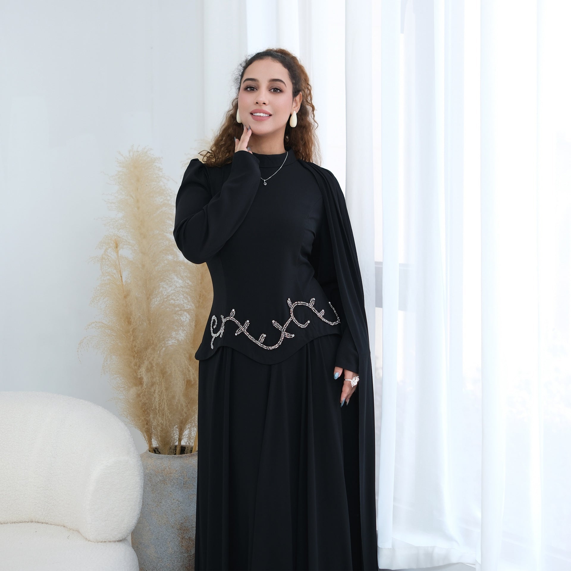 Crystal Beaded Waist Cape Sleeve Maxi Dress(MS499) - Mariam's Collection