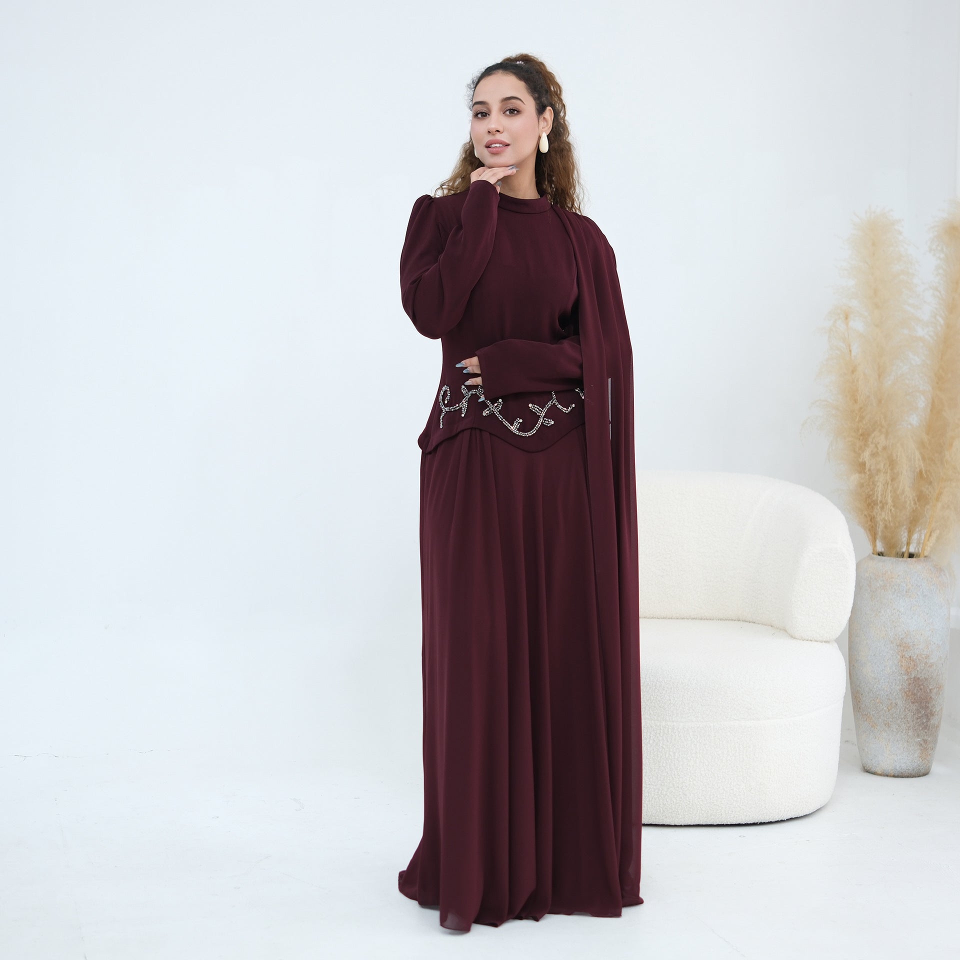 Crystal Beaded Waist Cape Sleeve Maxi Dress(MS499) - Mariam's Collection