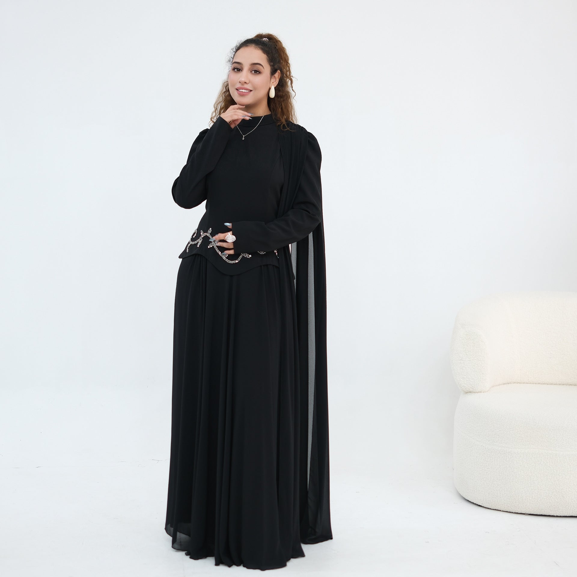 Crystal Beaded Waist Cape Sleeve Maxi Dress(MS499) - Mariam's Collection