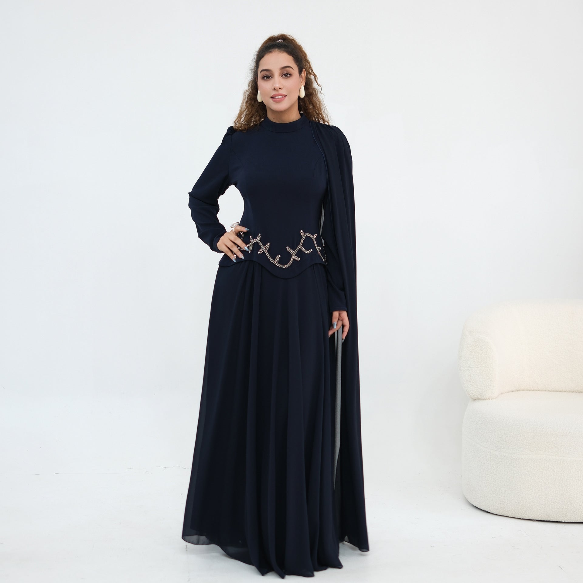 Crystal Beaded Waist Cape Sleeve Maxi Dress(MS499) - Mariam's Collection