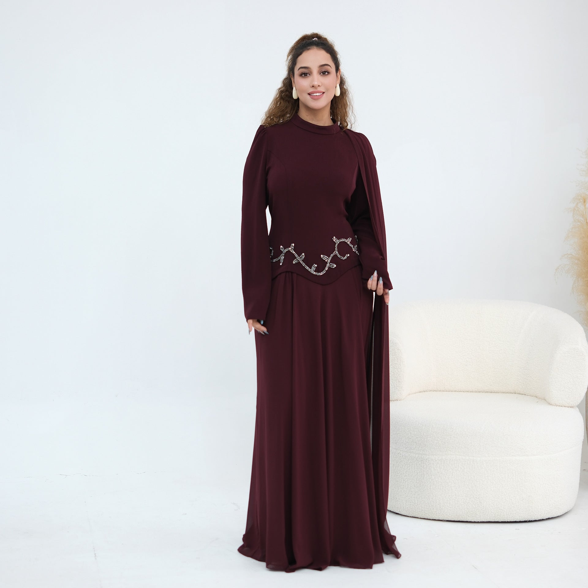 Crystal Beaded Waist Cape Sleeve Maxi Dress(MS499) - Mariam's Collection